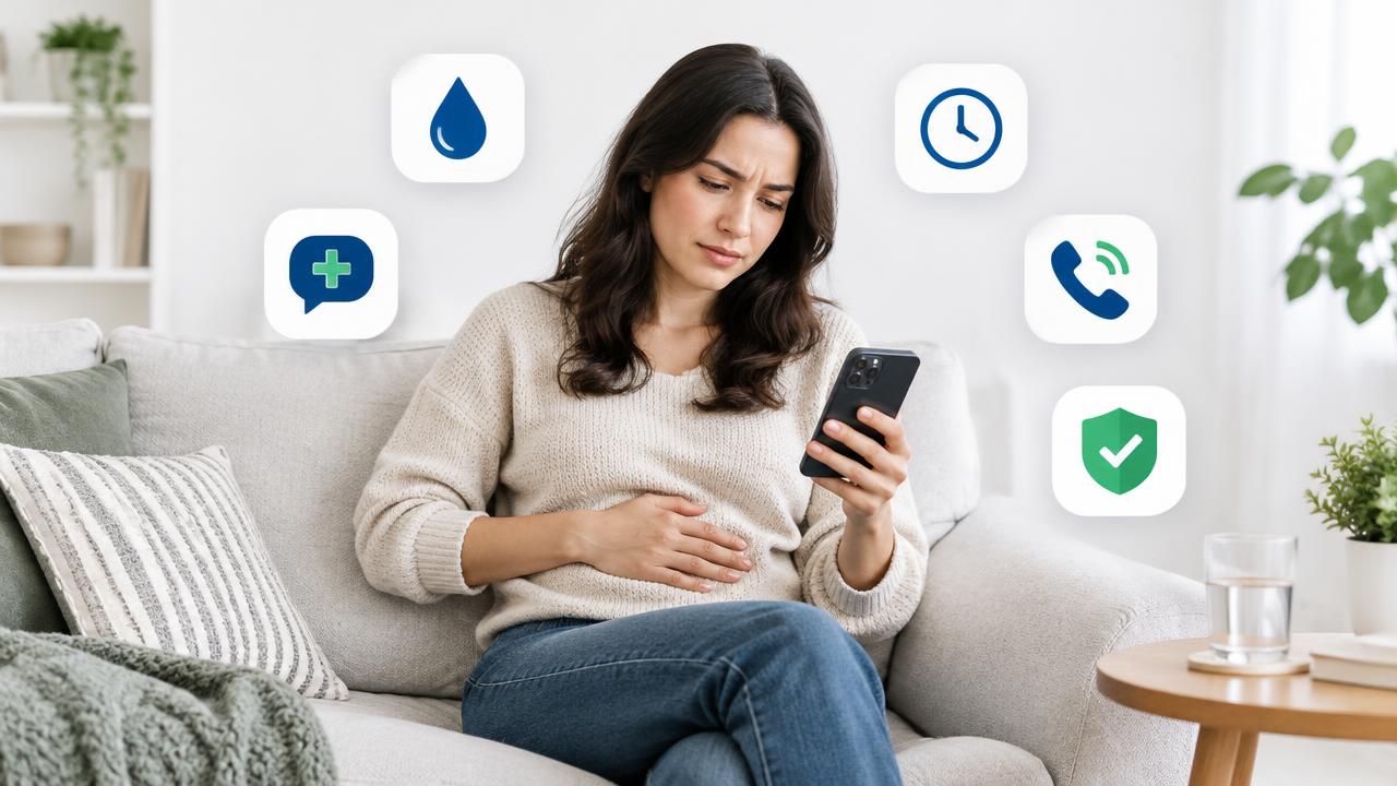 Pessoa em casa no sofá com uma mão na barriga e celular na outra mão, com copo de água ao lado e ícones de hidratação, chat médico, relógio, telefone de emergência e escudo verde