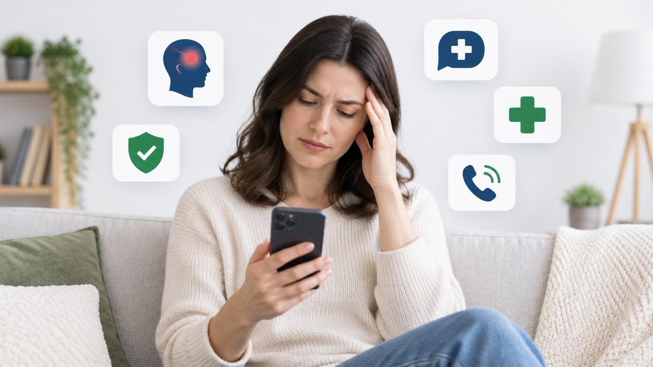 Pessoa no sofá com a mão na têmpora e celular, acompanhada de ícones de saúde e atendimento médico.