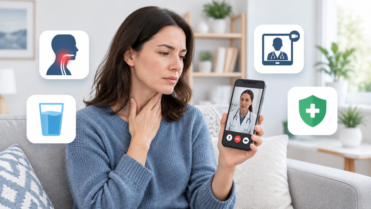 Mulher em casa com a mão na garganta fazendo videochamada com médica pelo celular