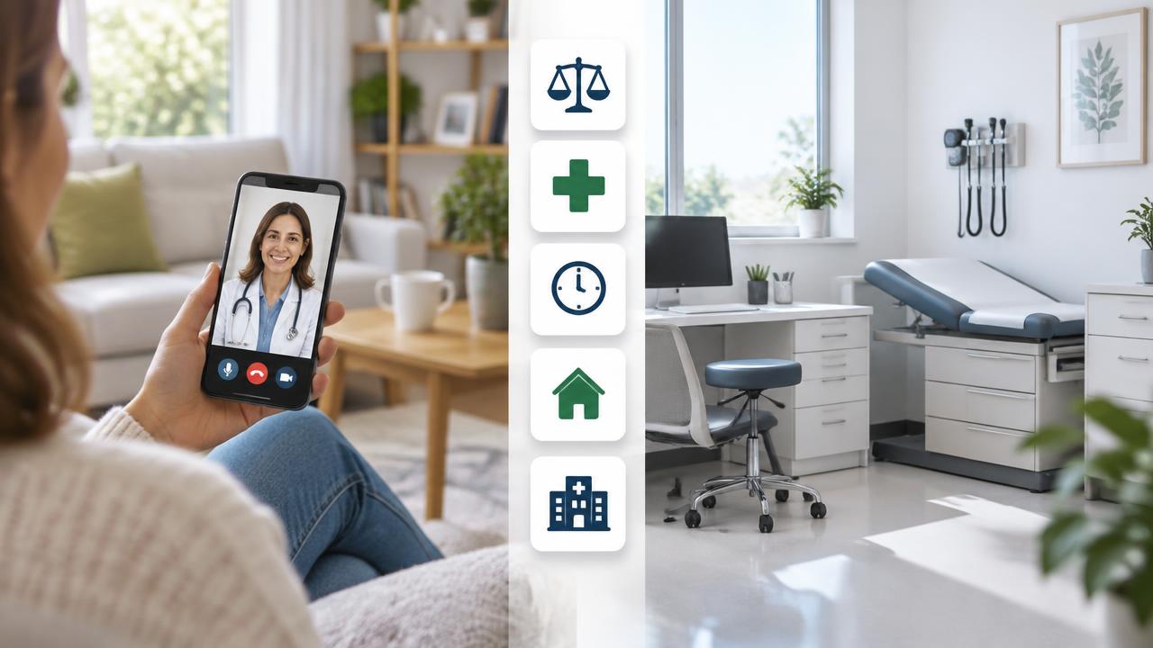 Teleconsulta por celular em casa e consultório presencial, com ícones de comparação e saúde.