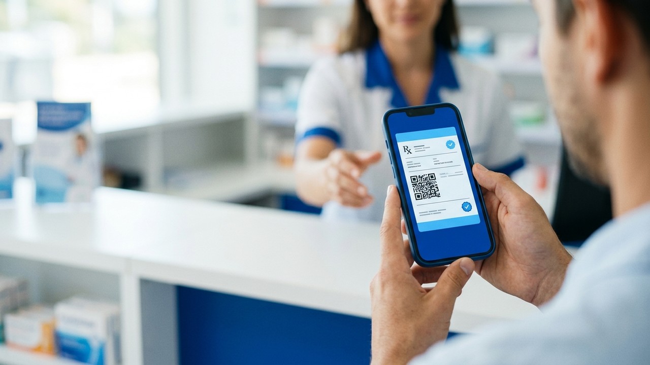Pessoa apresenta uma receita médica digital no celular em uma farmácia