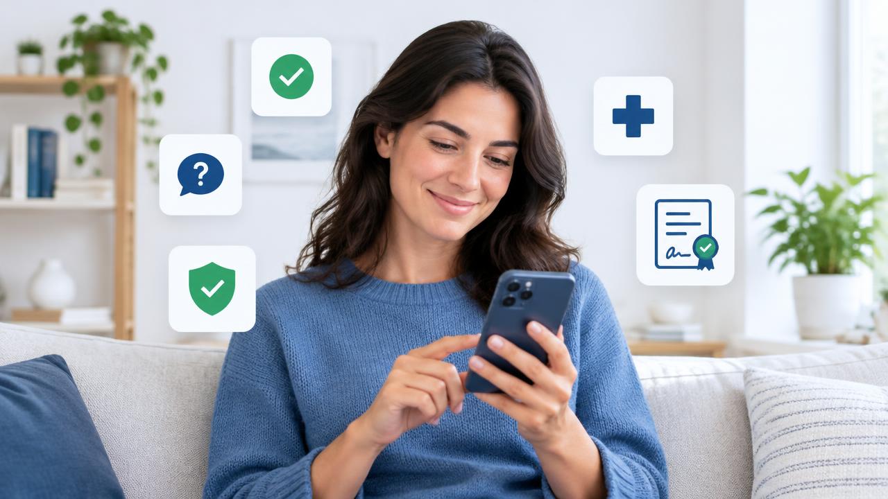 Pessoa sorrindo ao olhar o celular, cercada por símbolos de segurança e saúde.