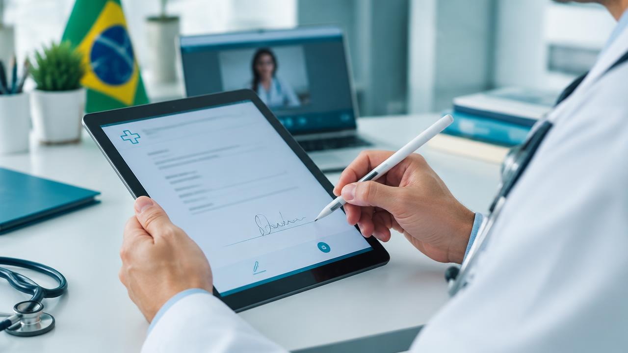 Médico assinando digitalmente receita e atestado em plataforma de telemedicina