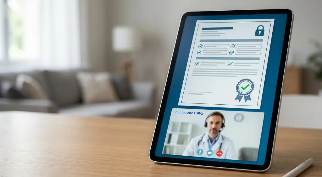 Ipad mostrando um atendimento online e um atestado online digital validado e certificado