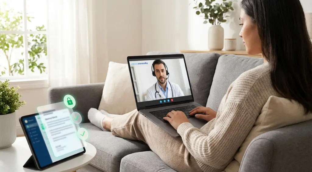 Mulher em casa realizando uma consulta médica online